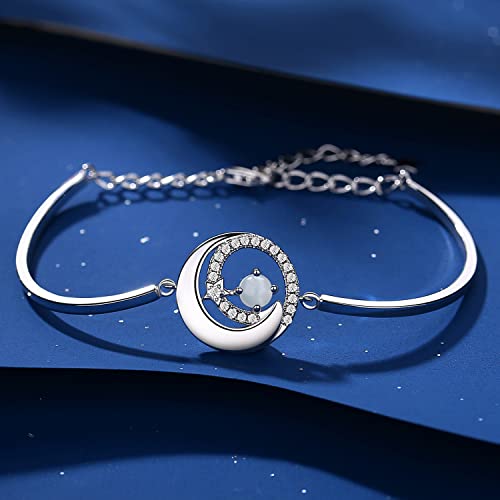Fancime Genuine Moonstone Bracelets June Birthstone 925 Sterling Silver Moon And Star Bangle Charm Bracelet Gemstone Fine Jewelry Birthday Christmas Gifts For Women Girls Her, 6.7"+1.2" Extend #TOP2