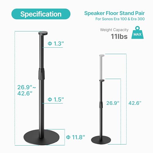 PEGZONE 26.9"-42.6" Height Adjustable Speaker Stands Compatible with SONOS Era 300 and Era 100, Floor Stands with Cable Management, Speaker Mount, Black, 2 Pack (Pair)