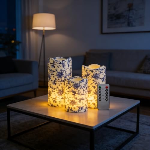 Image of Remote Flameless Candles 4 inch 5 inch 6 inch - Set of 3 Blue and White LED Pillar Candles Wave Top Plastic Battery Operated with Timer for Home Wedding Holiday Decor Indoor Outdoor,PLT3P-BW