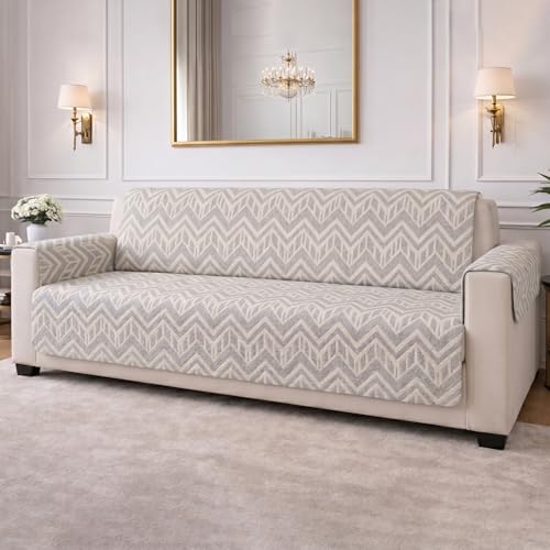 Image of STITCHNEST 'CloudFeel Series' Quilted Printed Velvet Sofa Cover for 1 Seater | Premium Soft Velvet Sofa Protector | Grey Chevron Geometric Design with Armrest Pockets | Furniture Cover