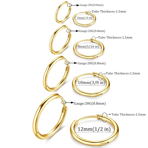 Image of 316L Surgical Stainless Steel Huggie Hoop Earrings 6mm 8mm 10mm 11mm 12mm 14mm Hypoallergenic Earrings Ring Cartilage Helix Lobes Hinge Sleep Earrings for Men Women