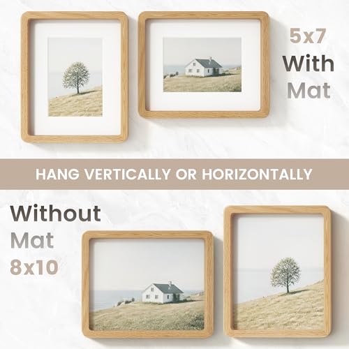 Image of 8x10 Picture Frame, USA-Sourced Natural Oak Wood Photo Collage Frame with HD Tempered Glass, 8 x 10 Wooden Frame Matted to 5x7, Gallery Wall Frames for Art, Wall or Tabletop Display