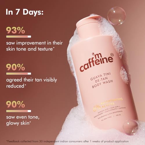 Image of mCaffeine 1% Glycolic Acid Detan Body Wash 300ml pack of 2 | 2% Niacinamide, 3% Kojic Acid-Glutathione | Bodywash for Women & Men| Brightens, Hydrates, Reduces Dark Spots & Evens Tone | Guava Shower Gel for Dry Skin