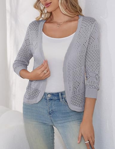 Image of REDHOTYPE Women's 3 /4 Sleeve Cardigan Open Front Cropped Shrugs Summer Hollowed Lightweight Cardigans Sweater (S-XL)