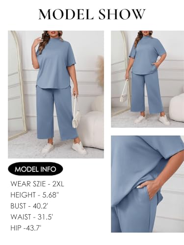 Image of Beautife Women's Plus Size 2 Piece Outfits 3 /4 Batwing Sleeve Capelet Crew Neck Pullover Top Wide Leg Pants Lounge Set