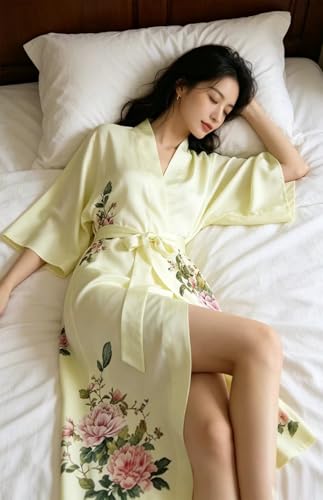 Image of Women's Classic 100% Silk Kimono Robe, Bathrobe-Printed Pattern