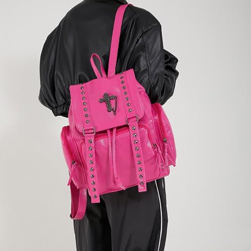 Sac à dos blanc en cuir PU à rivets | Grand cartable esthétique de style décontracté et mixte