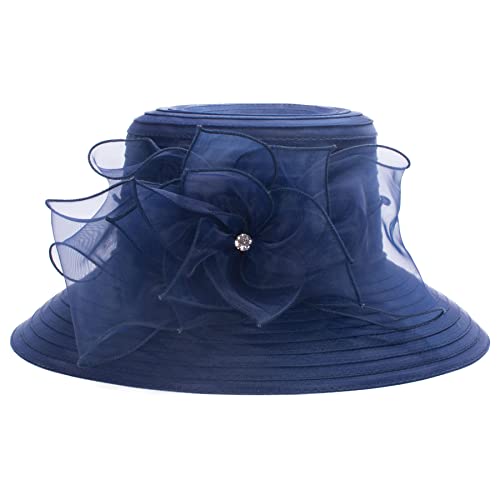 Womens Wedding Occasion Floral Wide Brim Church Dressy Sun Hat A323 (Navy Blue)