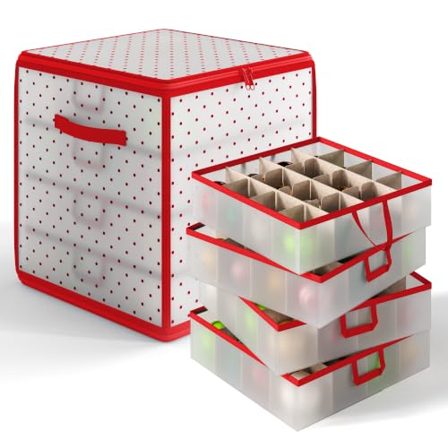 Image of Hearth & Harbor Christmas Ornament Storage Box With 4 Inner Tray Dividers - Plastic Ornament Storage Container For 64 Holiday Ornaments or Decorations - Red