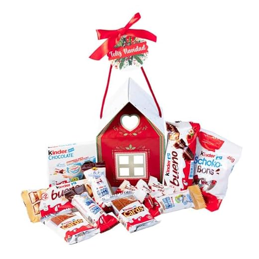 Onza Casa Kinder con chocolates originales para regalar por Navidad. Cesta regalo de dulces con un surtido de chocolatinas y bombones Kinder Bueno, Schokobons, Happy Hippo, Kinder Chocolate, Cards.
