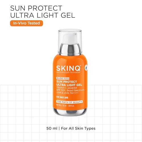 Image of SKINQ Sun Protect Ultra Light Gel Sunscreen SPF 50+ PA++++ with Vitamin C | In-Vivo Tested | Zero White Cast | Lightweight, Non-Greasy | For Dry & Sensitive Skin | Dermat Formulated | 50ml (Pack of 2)