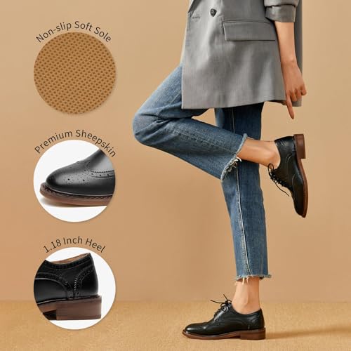 Image of BEAU TODAY Oxford Shoes for Women,Leather Brogue Dress Shoes,Comfort Brethable Ladies Lace-up Handmade Wingtip Shoes for Business Work