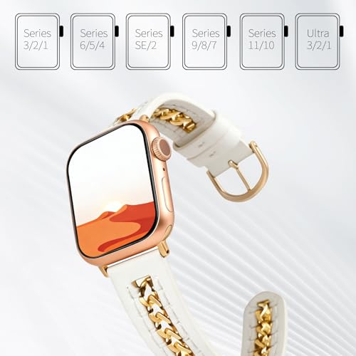 Image of HANDODO Italian Genuine Leather Band with gold chain details, Compatible with Apple Watch Series 11 10 9 8 7 6 5 4 3 2 1 SE SE2 Ultra 2 /3, SGS Certified Fashion Dressy Strap for women men