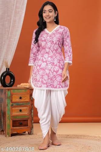 Image of Floral Print Cotton Kurta and Dhoti Set for Women Designer