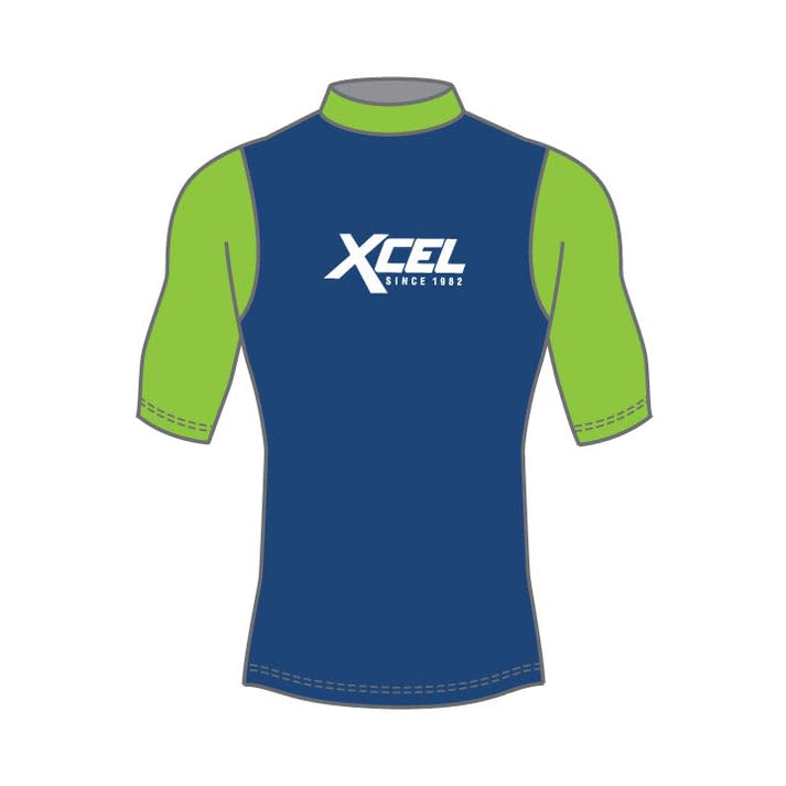 XCEL Kids Premium Stretch Retro Short Sleeve Performance Fit Rashguard - Sapphire/Lime Green | Size 8
