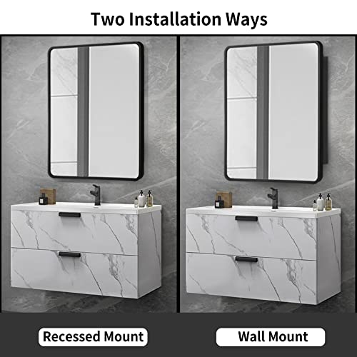 Image of Movo Medicine Cabinet with Mirror, 20 Inch x 28 Inch Farmhouse Black Metal Framed Rectangle Bathroom Mirror Cabinet, Recess or Surface Mount