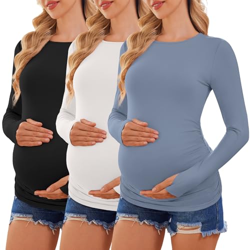 Ekouaer Maternity Long Sleeve Shirt Crew Neck Pregnancy Tops Casual
