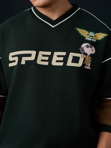 Image of The Souled Store Peanuts: Speed Club Men and Boys Full Sleeves V-Neck Dark Green and Brown Graphic Printed Applique Cotton Polyester Blend Oversized Fit Casual Sweatshirt