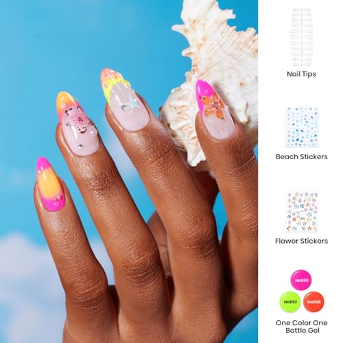 Image of Beetles Neon Gel Nail Polish Set, Summer Color Gel Polish Kit Hot Pink Red Yellow Green with Mini LED Nail Lamp, Base Top Coat Nail Art Brushes, Summer Pretty Box Salon Home DIY Gift Basket for Women
