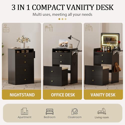 Image of COMHOMA Makeup Vanity Desk with Mirror and Lights, Small 3 in 1 Vanity Table with Visible Glass Top, Flip Top & 3 Drawers, Compact Dressing with Storage Stool for Room or Office