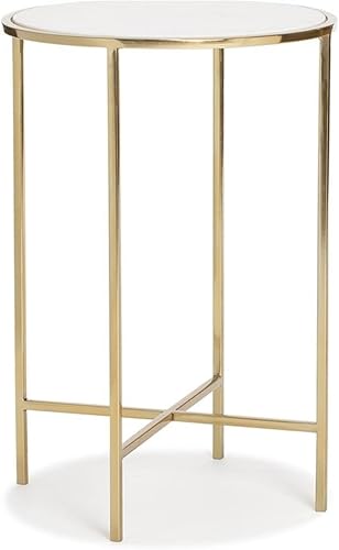Miniatura 5 de Elliot - Mesa auxiliar, marco de metal con parte superior redonda sólida, muebles de acento pequeño para sala de estar, mármol blanco y dorado