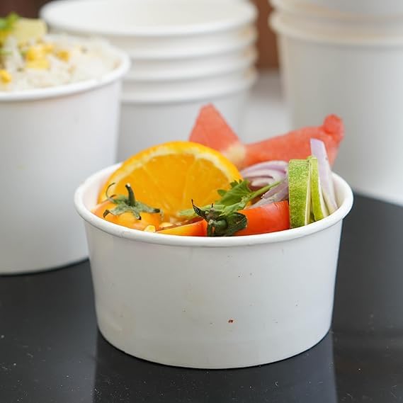 Image of [200 ml, 15 Count, White Disposable Bagasse Paper Container with Lid | Eco-Friendly Bowl /Tub for Picnic, Travel, Food Truck | Ideal for Both Hot & Cold Food