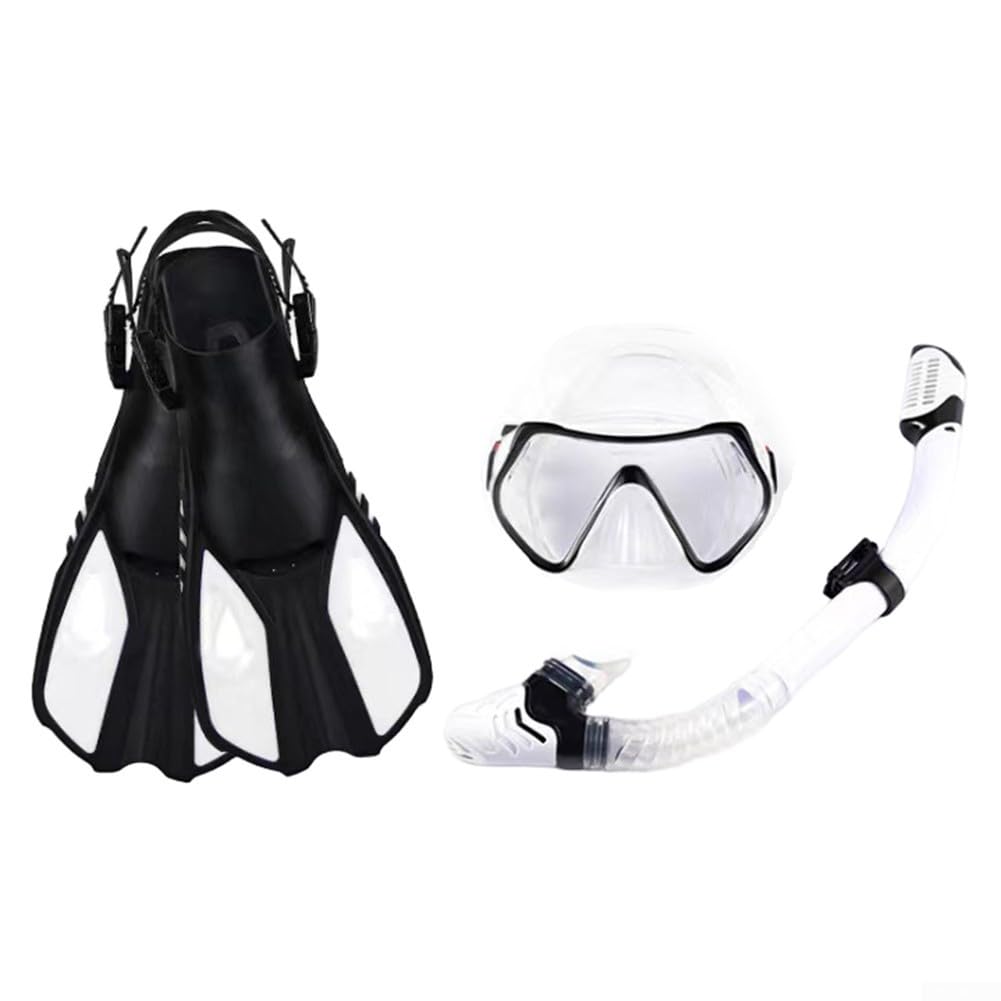 Juego de esnórquel de 3 piezas, aletas, set de esnórquel, 3 piezas (negro y blanco L/XL) | Juego de 3 piezas con cristal templado, correas ajustables, ideal para aventuras submarinas