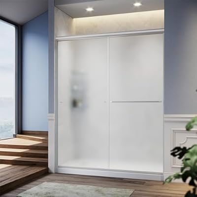 SUNNY SHOWER 60 in W x 72 in. H Semi-Frameless Shower Door 2 Sliding Door, Frosted Glass 1/4 inch Corner Shower Door Brushed Nickel Finish