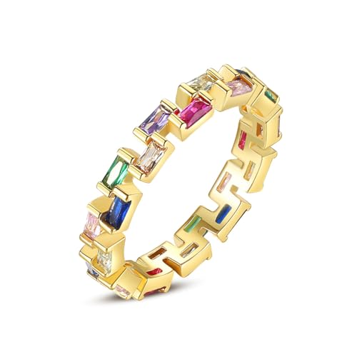 Emerald Cut Rainbow Moissanite Eternity Ring, 14K Gold Wedding Band for Women, Unique Gift