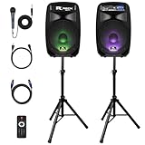 Proreck Dance 15 Portable 15-Inch 2000 Watt 2-Way Powered PA Speaker System Combo Set with Bluetooth/USB/SD Card Reader/FM Radio/Remote Control/LED Light