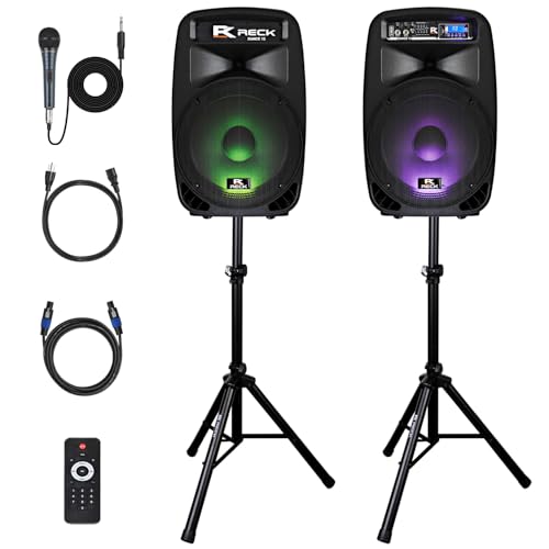 Proreck Dance 15 Portable 15-Inch 2000 Watt 2-Way Powered PA Speaker System Combo Set with Bluetooth/USB/SD Card Reader/FM Radio/Remote Control/LED Light