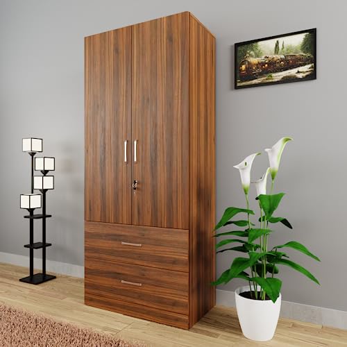 Image of VIKI Wardrobe | Wooden Almirah for Clothes,Door for Bedroom, 2 Door Wardrobe with Drawer & Hanging Space (Brussel Walnut - 40D x 80W x 180H) | 1 Year Warranty | Free Assembly