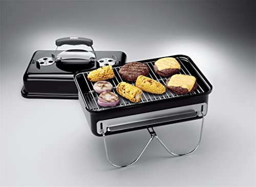 Weber Go-Anywhere Holzkohlegrill/Tragbarer Grill mit klappbaren Beinen, Kompaktes Design für Camping und Picknicks, Robuste Emaille, Präzise Temperaturregelung, 42 x 26 cm Grillfläche, Schwarz