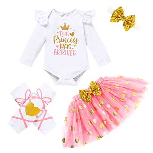 Image of Newborn Baby Girl Outfits Infant Letter Print Romper+Tutu Skirt+Headband+Legging Warmer Coming Home Clothes Set