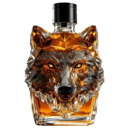 Whiskey Bottle 350ml Artistic Wolf Head Shaped Whiskey Decanter Funny Unique Empty Glass Liquor Bottles for Dad Husband Alcohol Loves Gifts