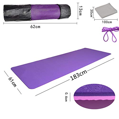 L LONGANCHANG Yogamat, TPE yogamat, gymnastiekmat, sportmat, fitnessmat, antislip, turnmat voor natuurlijk rubber, yoga, pilates, fitness, met yoga-handdoek en draagtas, 183 x 61 x 0,6 cm - Image 3
