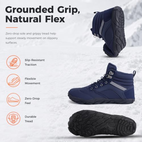Image of Womens Mens Winter Barefoot Boots Warm Minimalist Wide Toe Box Snow Boots Zero Drop Sole Outdoor Water Resistant Ankle Booties