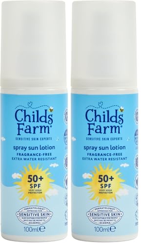 Image of Childs Farm Kids & Baby Sun Lotion Spray SPF 50+ | UVA & UVB Very High Protection | Extra Water Resistant | Fragrance Free | Suitable for Dry, Sensitive Skin, 100ml (Pack of 2)