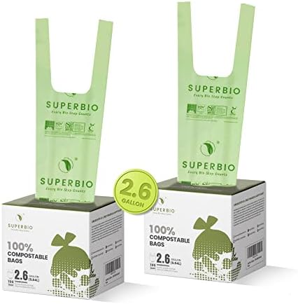 SUPERBIO 2.6 Gallon Compostable Handle Tie Bags, 100 Count, 2 Pack, Compost Trash Bags, Garbage Bags Certified by BPI Meeting ASTM D6400, 9.84L