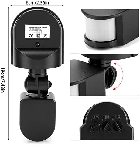 Zunate  Infrared Sensor Switch, Infrared Motion Sensor 110V-240V Adjustable PIR Body Motion Infrared Sensor 10A Waterproof Detector Bulb Switch Black, IP44 Protection Level