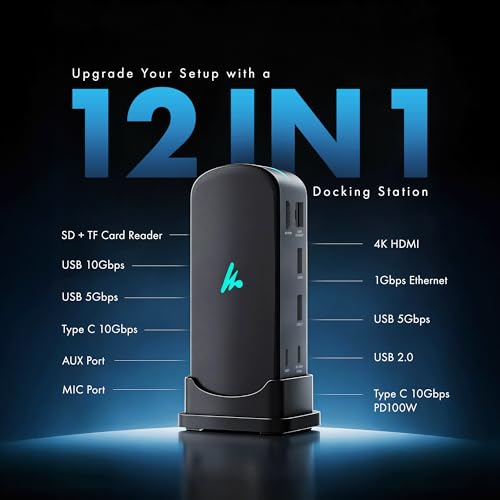 Image of Type C 12 in 1 Wozoyo Docking Station, 4K@60Hz HDMI, Gigabit Ethernet 2XType-C 10Gbps,USB 10 Gbps,PD 100WUSB 2.0, AUX & MIC,SD /TF,Universally Compatible Thunderbolt 4 macOS,Windows,Android & iOS