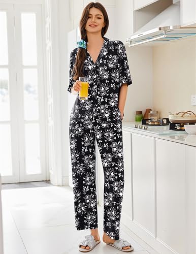 Image of Ekouaer Women Pajamas Set Button Down Sleepwear Short Sleeve Pjs Soft Comfy Nightwear with Long Pants S-XXL