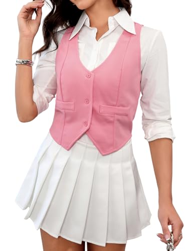 SweatyRocks Blazer feminino liso com botões frontais e gola V sem mangas, rosa, P