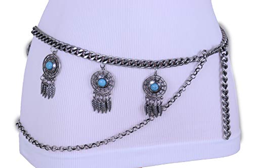 TFJ Women Bohemian Fashion Belt High Waist Hip Silver Metal Chain Feather Dream Catcher Charm M L XL2
