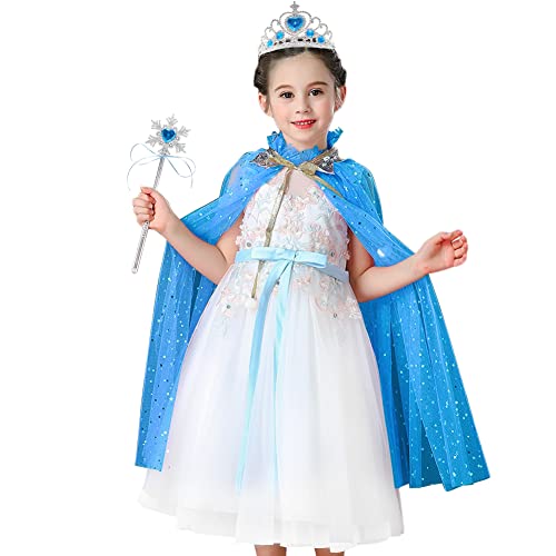 Princess Costume For Girls,7 Pieces Princess Dress Up Clothes For Little Girls,Princess Cloak With Jewelry,Tiara Crown,Wand (Blue) #TOP1