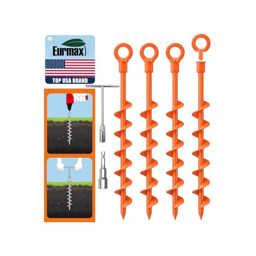 Image of Eurmax USA 4-Pack Screw in Ground Anchors,Detachable Spiral Tent Stakes,Heavy Duty Rust Proof Metal Trampoline Anchors with Drill Bit Adapter&T-Handle Tool for Canopy,Tent,Trampoline,Swing Set(Orange)