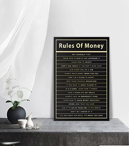 Rules Of Money Motivational Wall Art Canvas Print Office Decor Financial Poster Entrepreneur Millionaire Inspirational Quote Framed Easy to Hang-12 inch x 16 inch