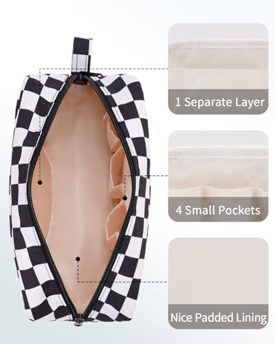 Image of Narwey Checkered Makeup Bag, Travel Cosmetic Bag Organizer, Toiletry Bag Make Up Bags with Organized Pockets for Women (Black Checkerboard, Large)