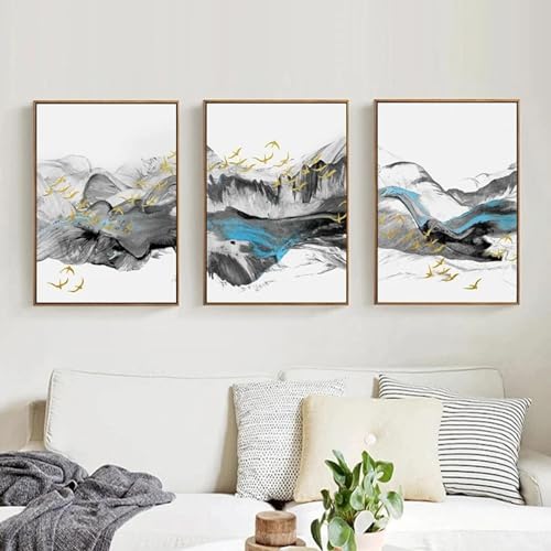 Encre montagne eau doré oiseau troupeau triptyque abstrait 60x80 cm - 3