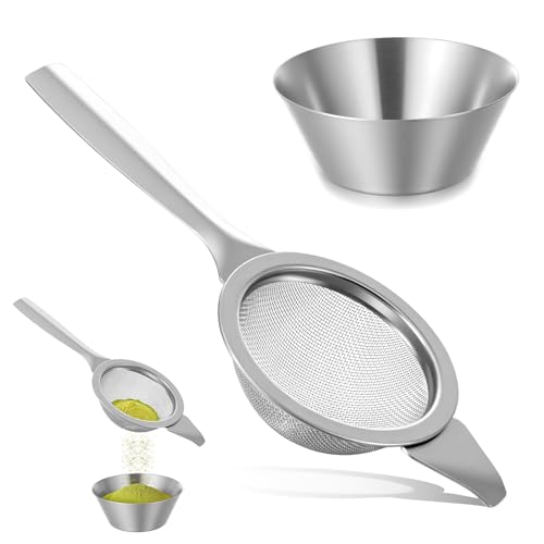 Colador de matcha plateado de 2.2 pulgadas, tamiz de matcha de malla fina 30 con mango y base, colador de té pequeño de acero inoxidable de malla fina, coladores de matchas de metal pequeños para té